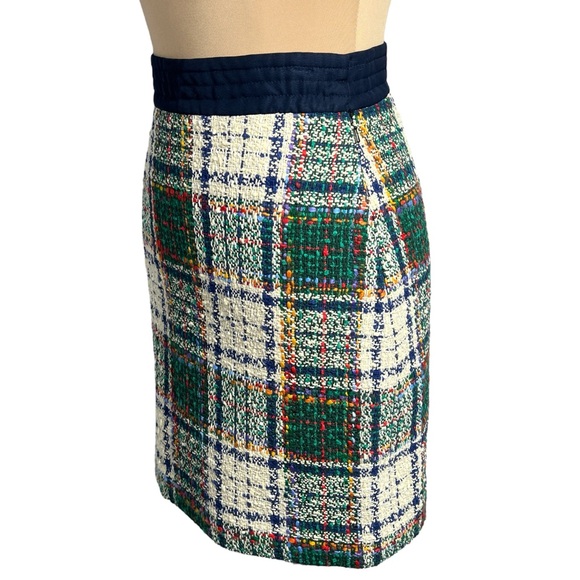 Tory Burch Green Red Blue Gold Purple Cream Tartan Plaid Tweed Skirt Size 6 - Picture 7 of 13